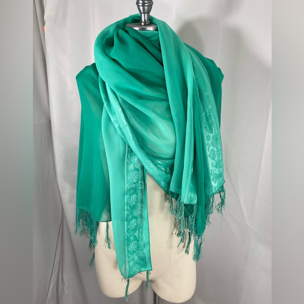 Large wrap scarf Two tone mint green with fringe/tassels formal event 45" x 69"